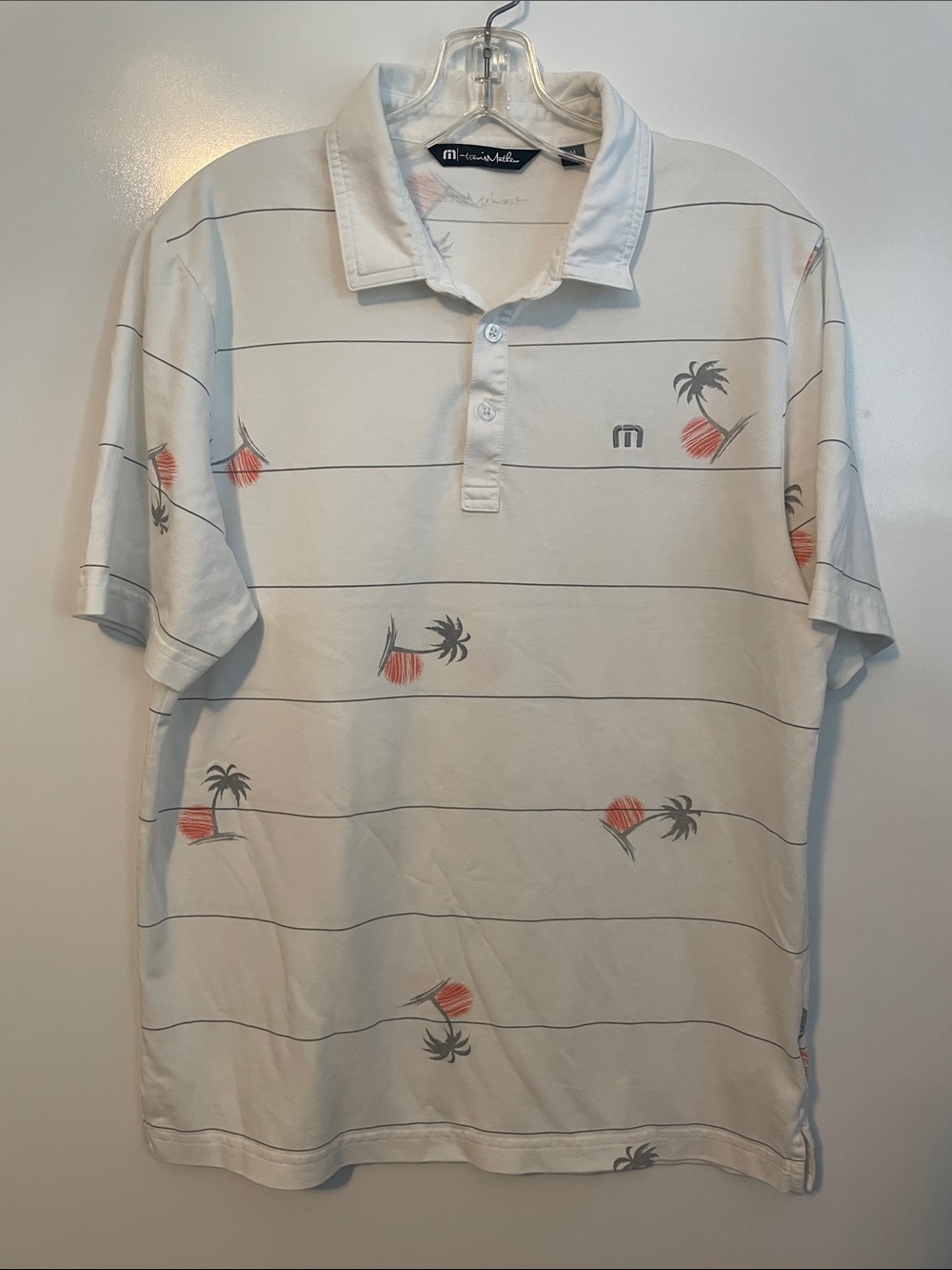 Travis Mathew White Polo Shirt with Palm Tree Design Size Medium